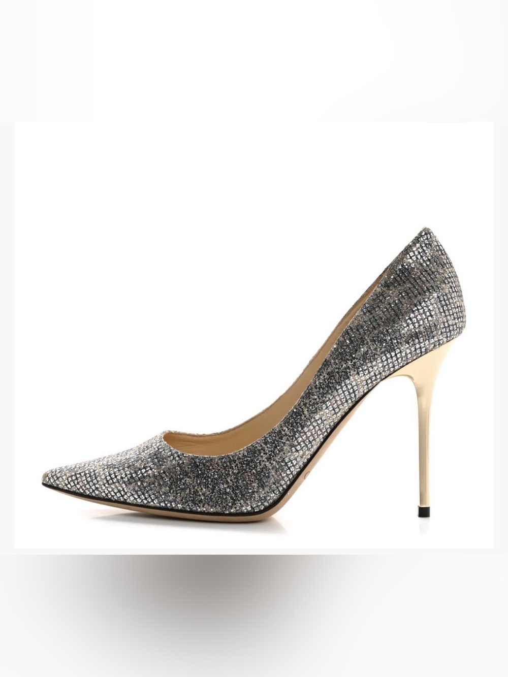 Jimmy Choo Pointy Toe Abel Heels 35 Leopard Print Silver Glitter Gold Metallic